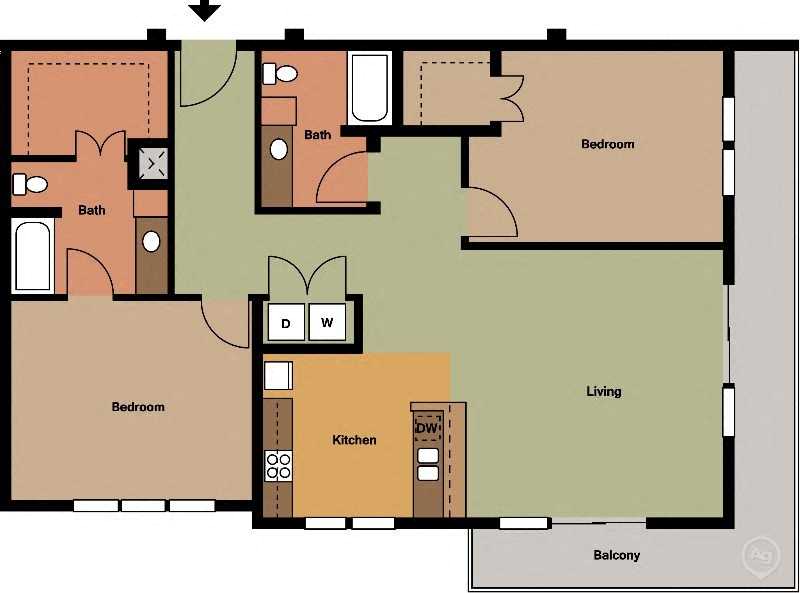 Floor plan for 2 beds, 2 baths, 1335 sqft